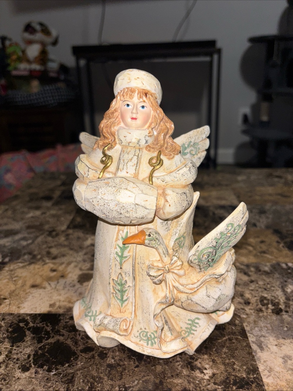 Handcrafted Christmas Cream Angel Figurine with Goose Accent